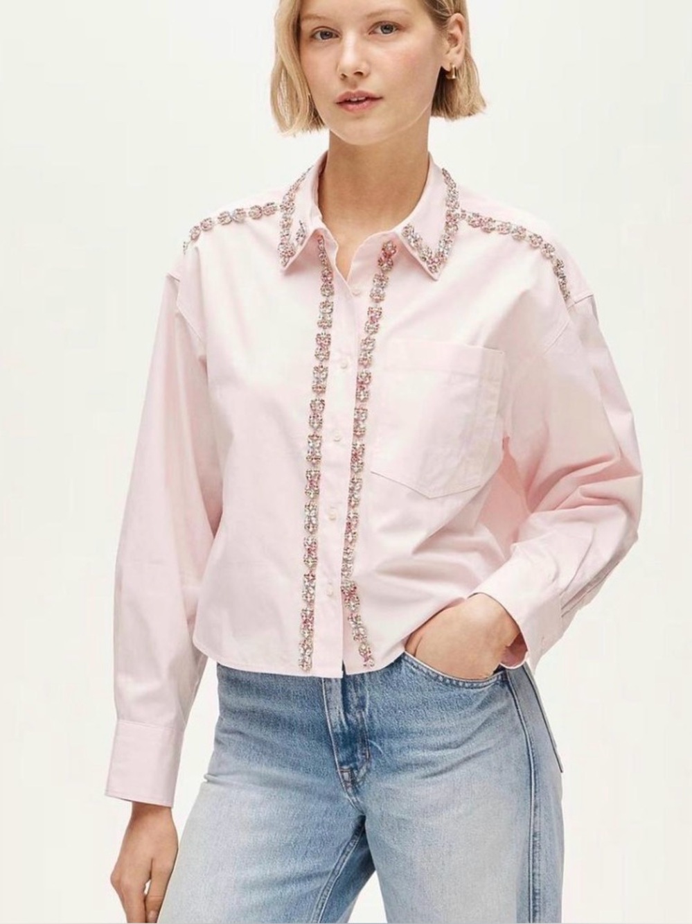 J Crew Womens Etienne Cropped Button Up Shirt XS Embellished Cotton Poplin CT063